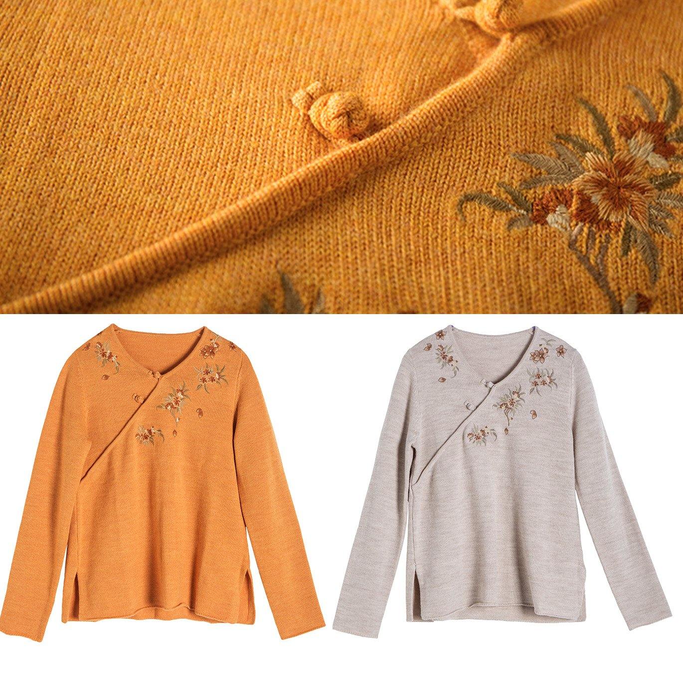Women Spring Yellow Embroidery Knitwear V Neck Knit Top - Omychic
