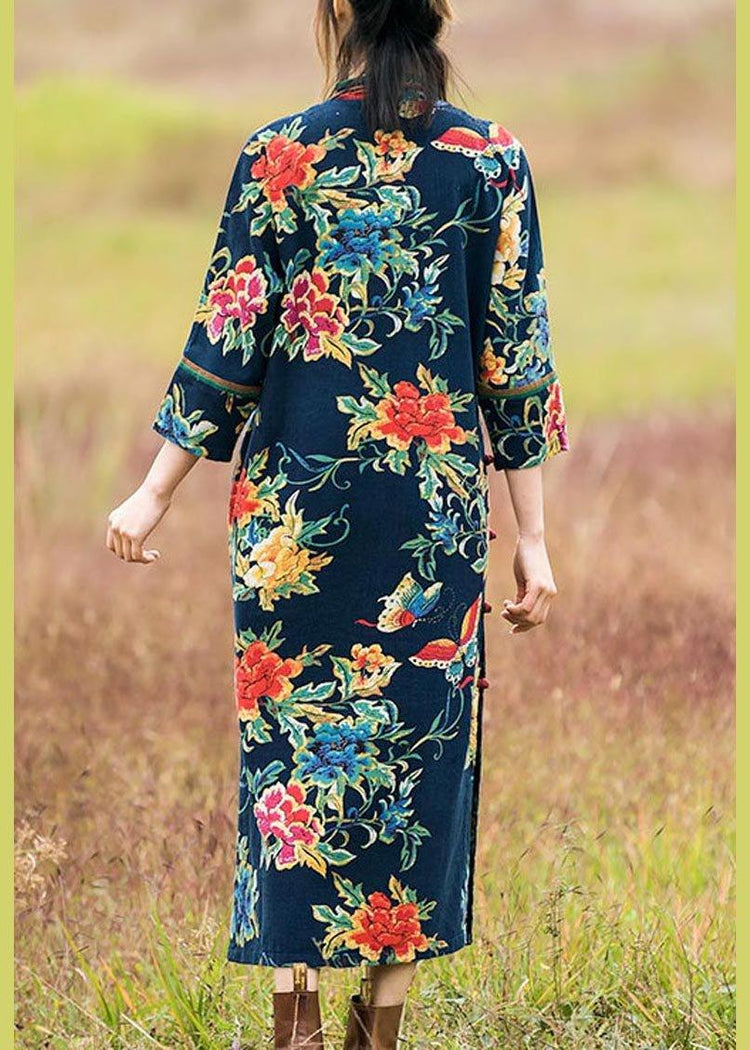 Women Stand Collar Side Open Quilting Clothes Runway Dark Blue Print Vestidos De Lino Dresses - Omychic