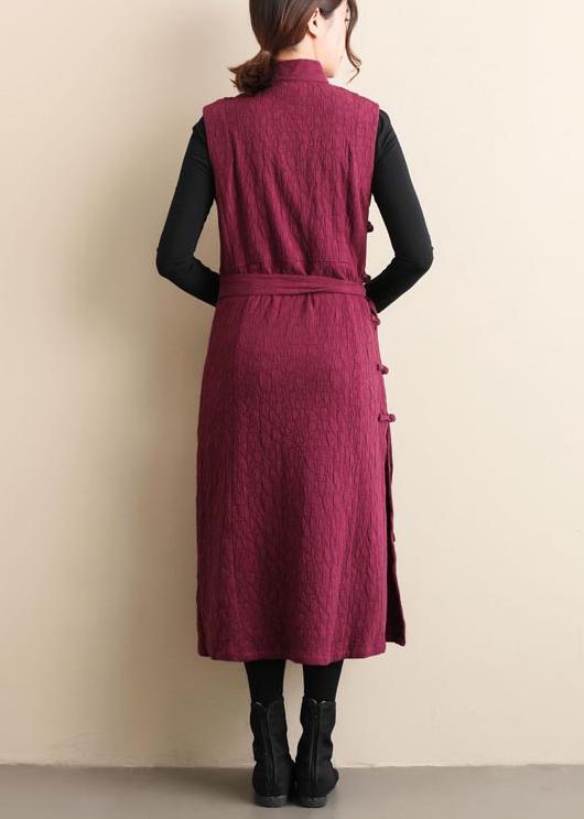 Women Stand Collar Tie Waist Spring Long Shirts Tutorials Burgundy Dresses - Omychic