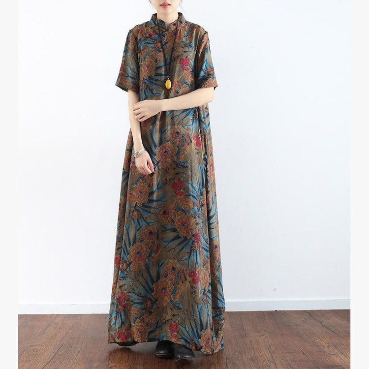 Women Stand asymmetric silk blended outfit Korea Sleeve floral Maxi Dresses - Omychic