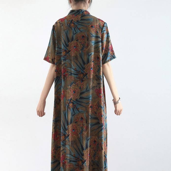 Women Stand asymmetric silk blended outfit Korea Sleeve floral Maxi Dresses - Omychic