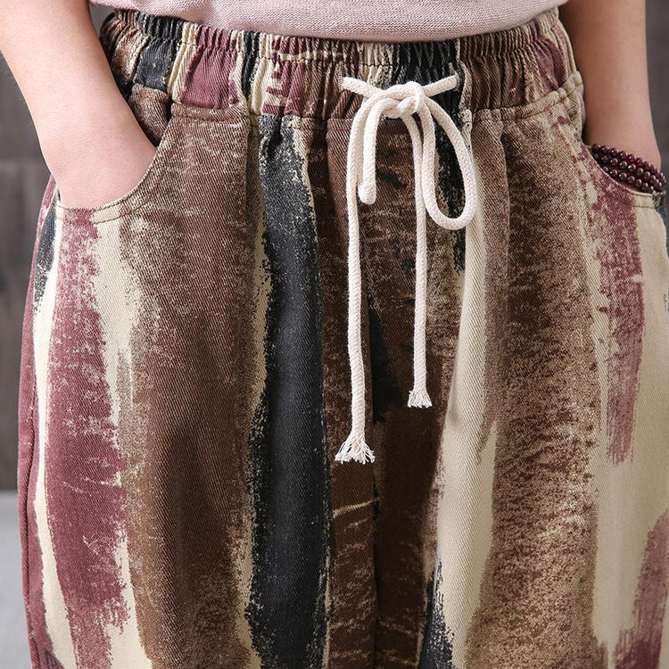 Women Stripend cotton Painting Print Casual Harem Pants - Omychic