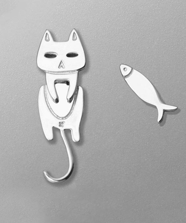 Women Stylish Cat and Fish Asymmetrical Design Metal Stud Earrings