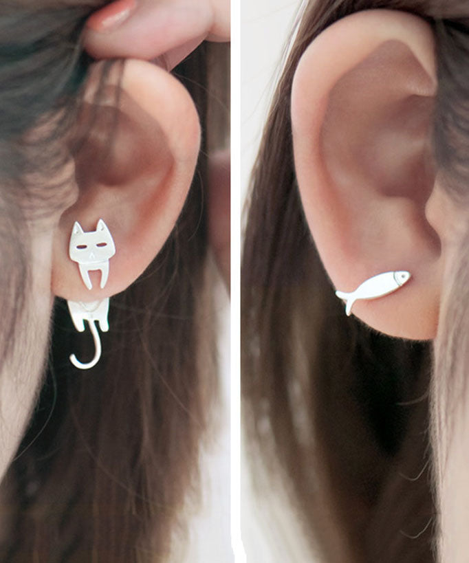 Women Stylish Cat and Fish Asymmetrical Design Metal Stud Earrings