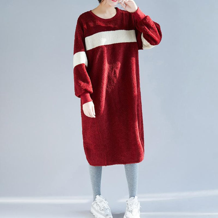 Women Sweater dress outfit o neck pockets burgundy baggy knitwear - Omychic