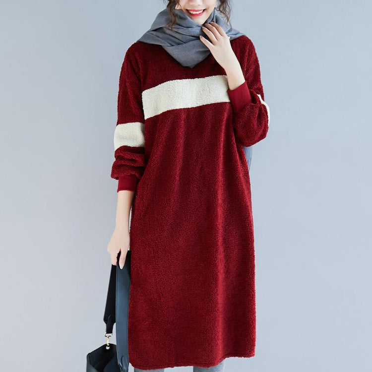 Women Sweater dress outfit o neck pockets burgundy baggy knitwear - Omychic