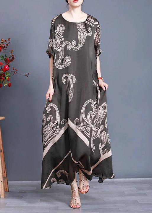 Women Tea Green Print Loose Silk Dress Summer - Omychic