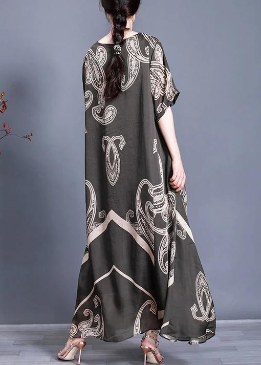 Women Tea Green Print Loose Silk Dress Summer - Omychic