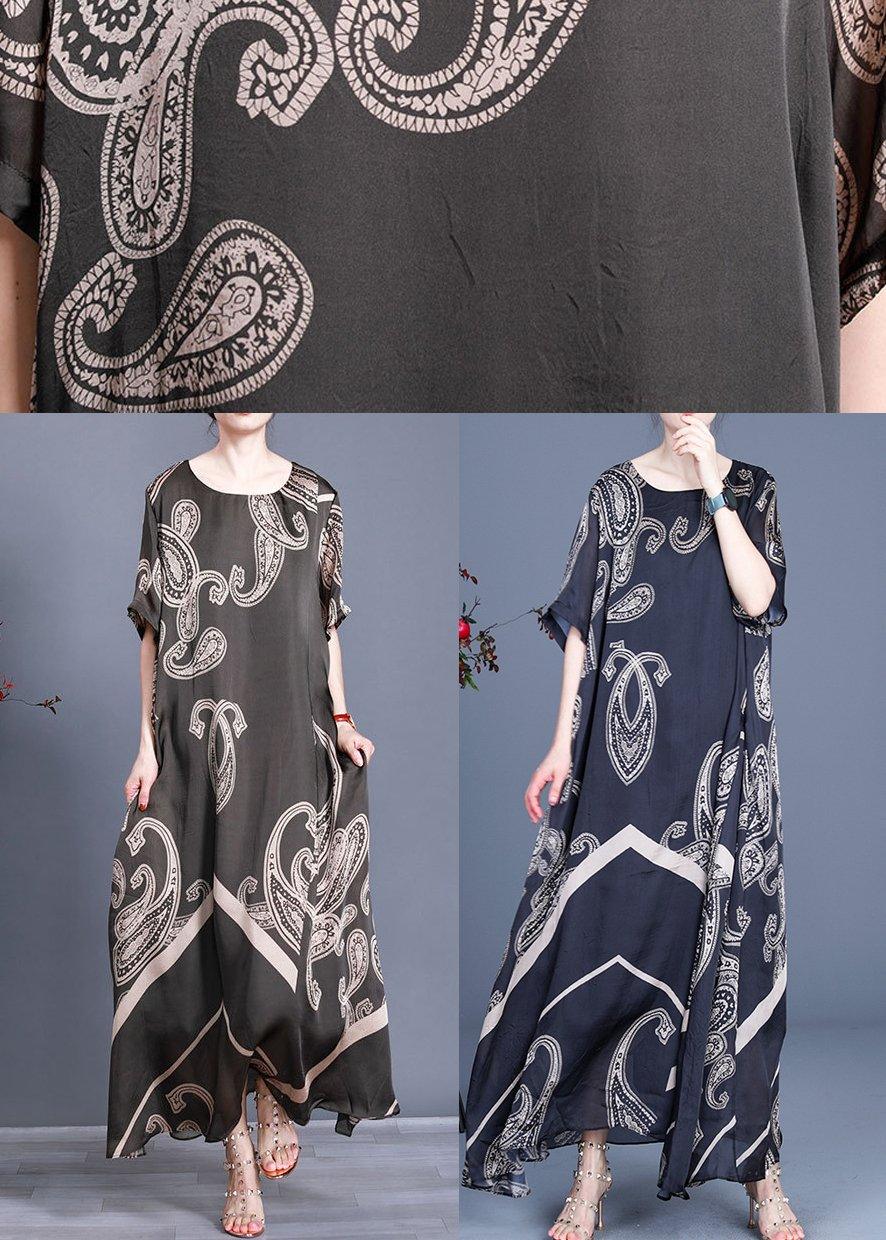 Women Tea Green Print Loose Silk Dress Summer - Omychic