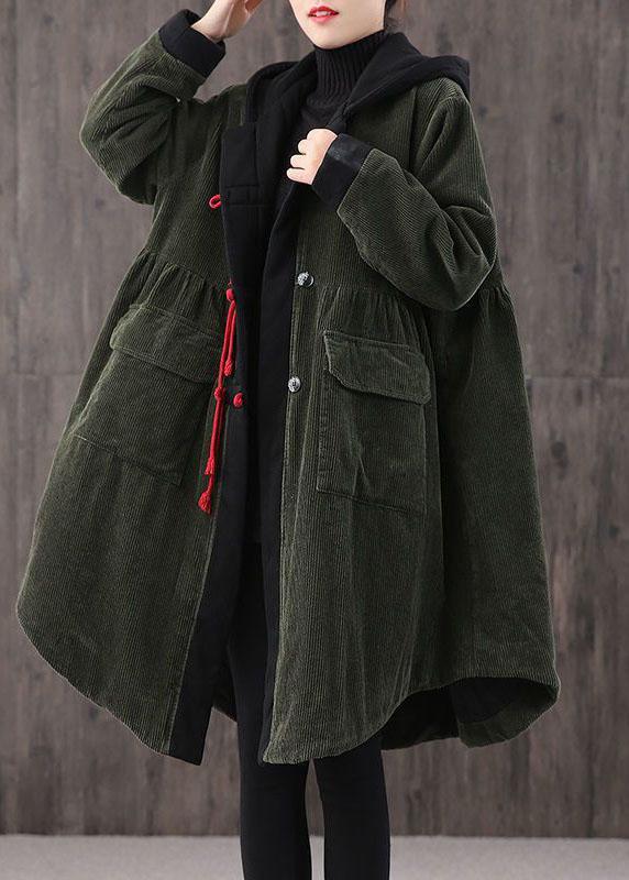 Women Tea Green hooded Button Pockets Patchwork Winter Cotton Parka Long sleeve Coat - Omychic