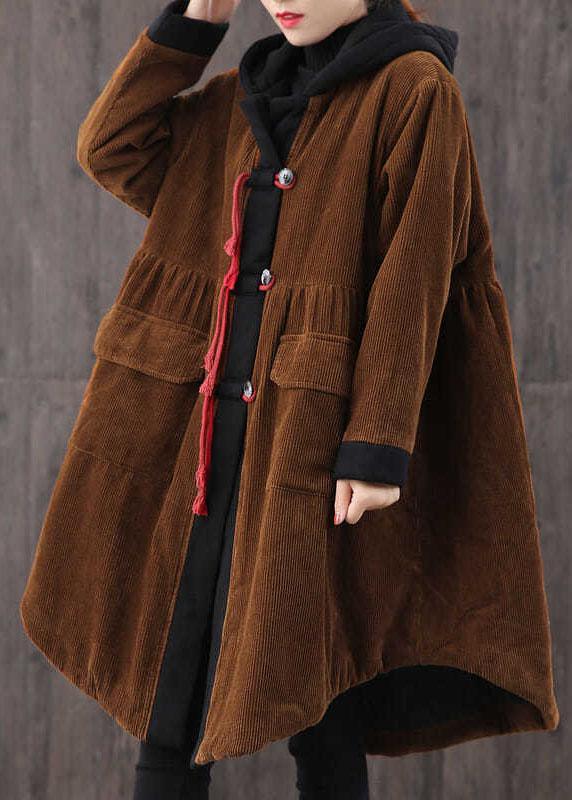 Women Tea Green hooded Button Pockets Patchwork Winter Cotton Parka Long sleeve Coat - Omychic