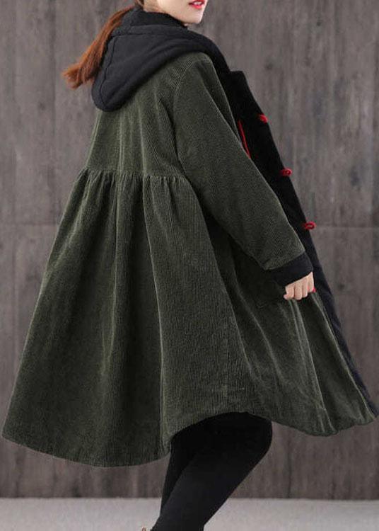 Women Tea Green hooded Button Pockets Patchwork Winter Cotton Parka Long sleeve Coat - Omychic