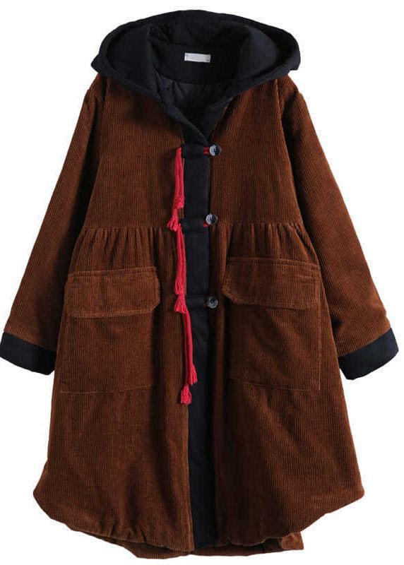 Women Tea Green hooded Button Pockets Patchwork Winter Cotton Parka Long sleeve Coat - Omychic