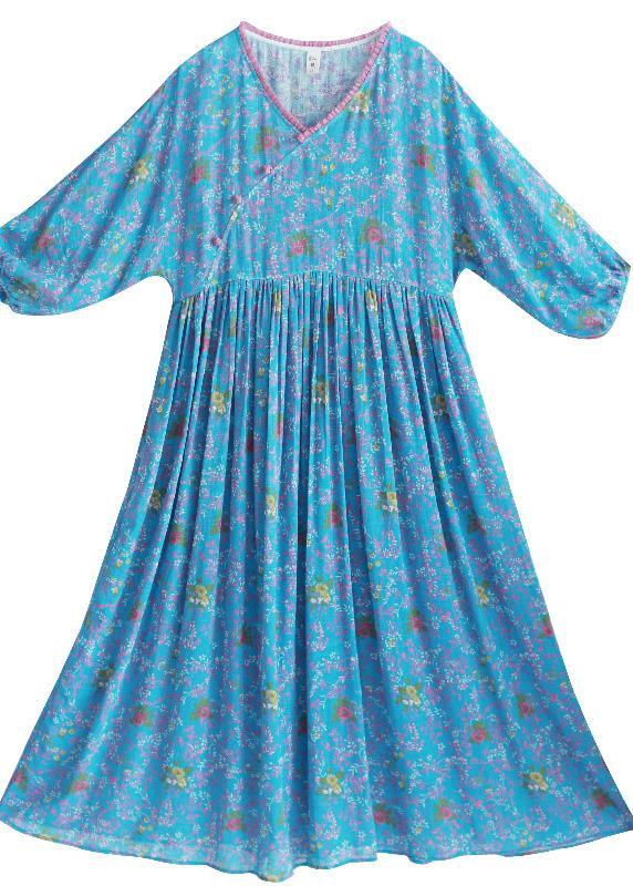 Women V Neck Cinched Spring Clothes Runway Blue Print Robes Dress - Omychic