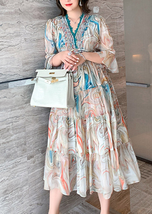 Women V Neck Print Patchwork Silk Long Dress Summer