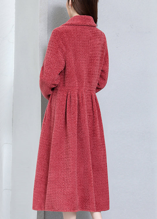 Women Watermelon Red Wrinkled Pockets Teddy Faux Fur Coats Long Sleeve