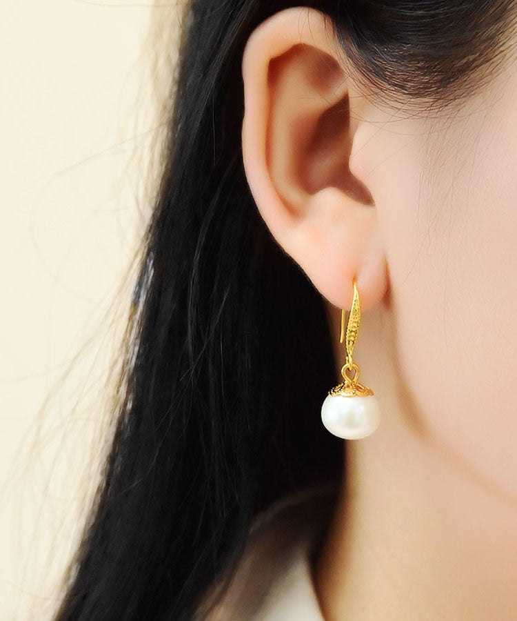 Women White 14K Gold Pearl Ball Drop Earrings