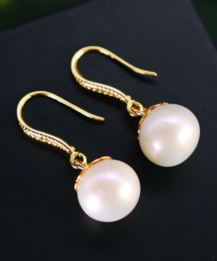 Women White 14K Gold Pearl Ball Drop Earrings