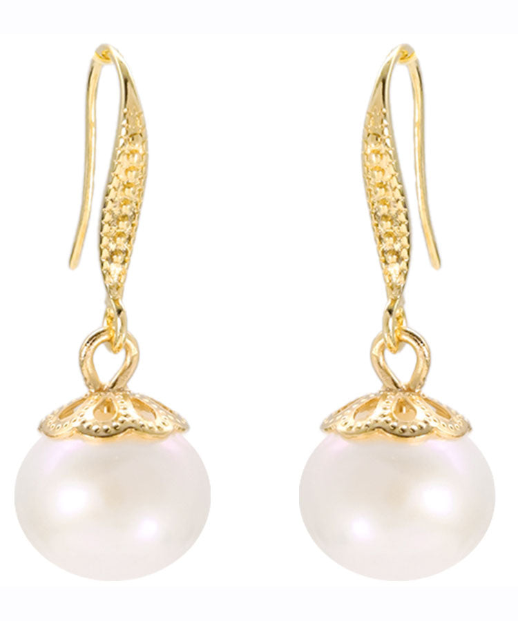 Women White 14K Gold Pearl Ball Drop Earrings