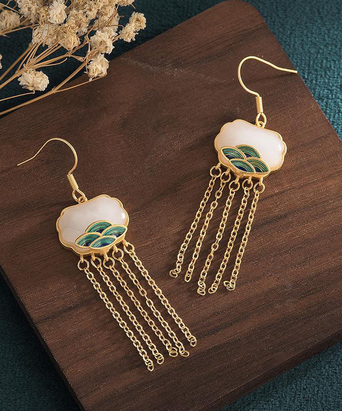 Women White Ancient Gold Inlaid Jade Enamel Tassel Drop Earrings