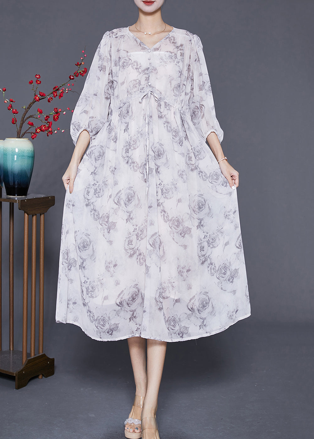 Women White Cinched Rose Print Chiffon Party Dress Summer