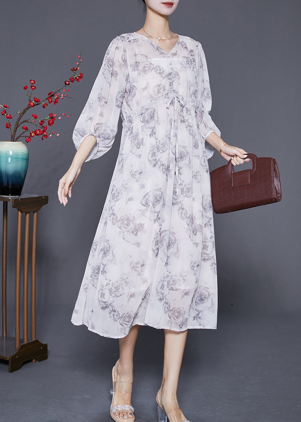 Women White Cinched Rose Print Chiffon Party Dress Summer