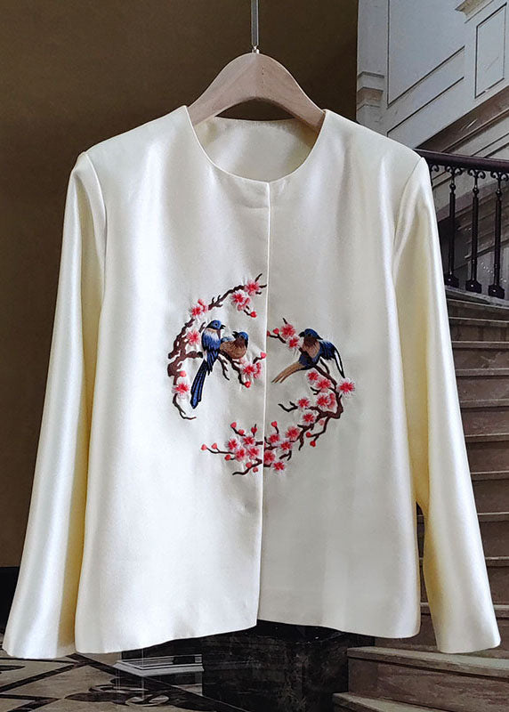 Women White Embroideried Patchwork Silk Outwear Long Sleeve