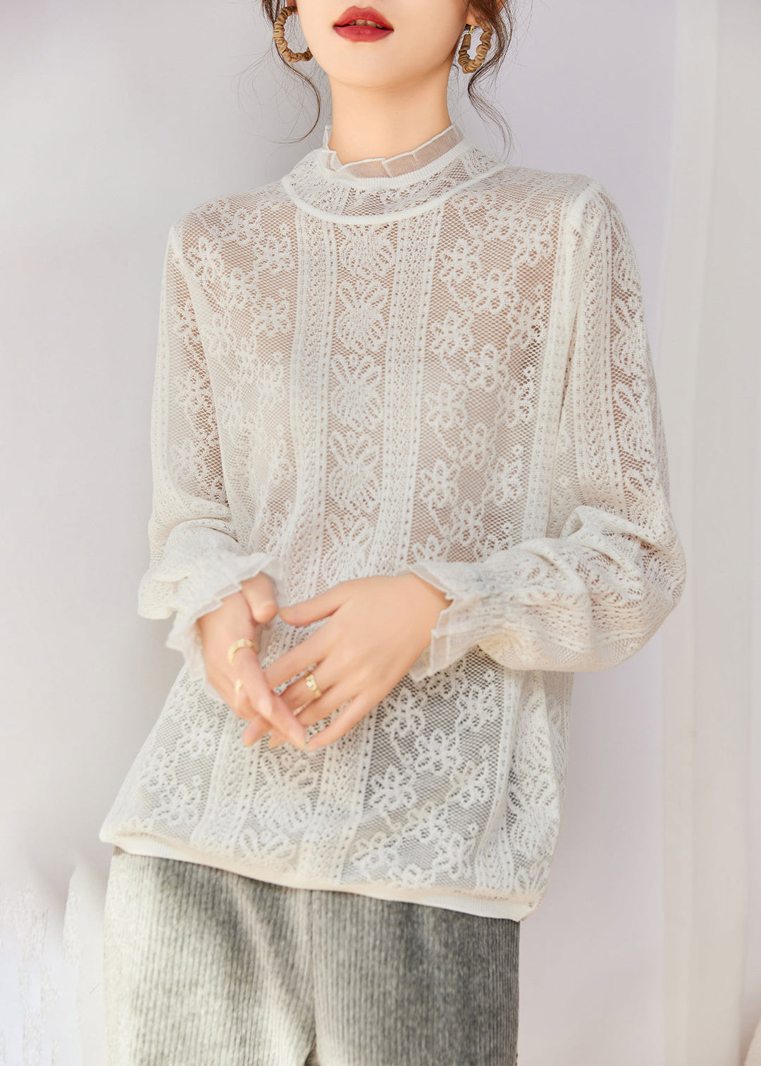 Women White Hollow Out Slim Fit Lace Shirts Spring