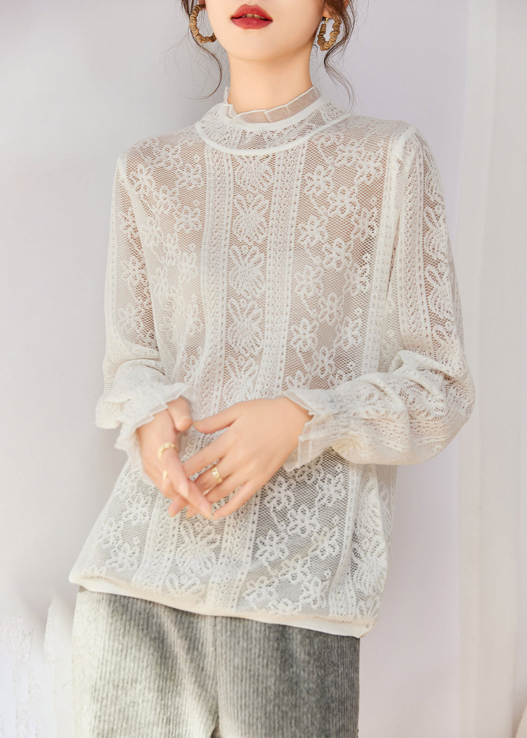 Women White Hollow Out Slim Fit Lace Shirts Spring