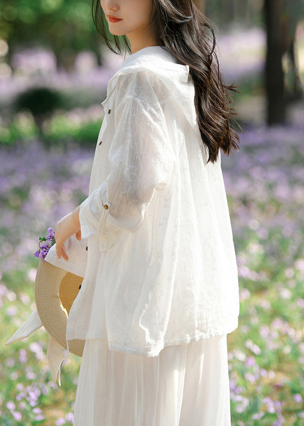 Women White Hooded Button Patchwork Cotton Coats Long Sleeve