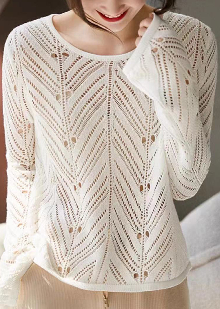 Women White O Neck Hollow Out Patchwork Knit Top Long Sleeve
