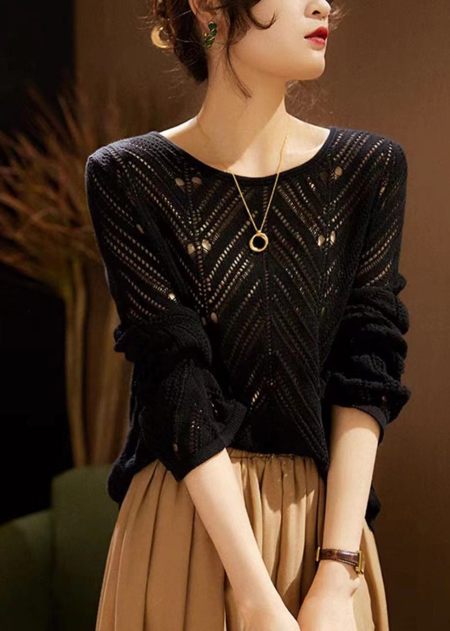 Women White O Neck Hollow Out Patchwork Knit Top Long Sleeve