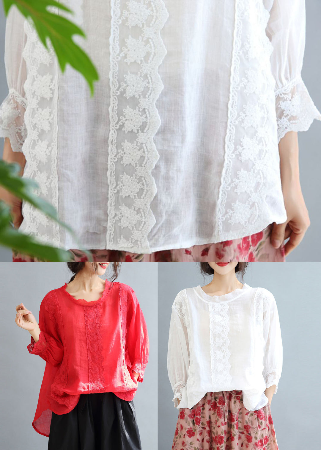 Women White O-Neck Oversized Linen Blouse Tops Bracelet Sleeve