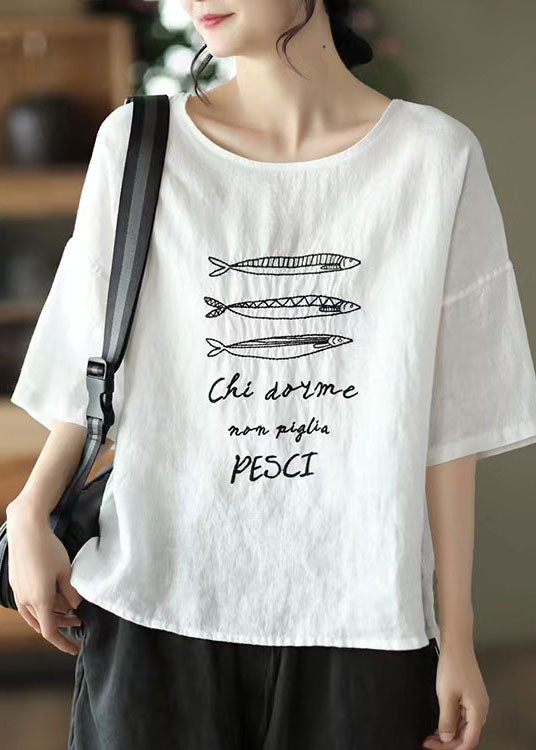 Women White O Neck Patchwork Linen T Shirt Summer