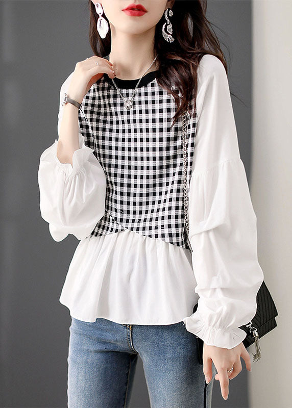 Women White O Neck Plaid Patchwork False Two Pieces Cotton Top Spring