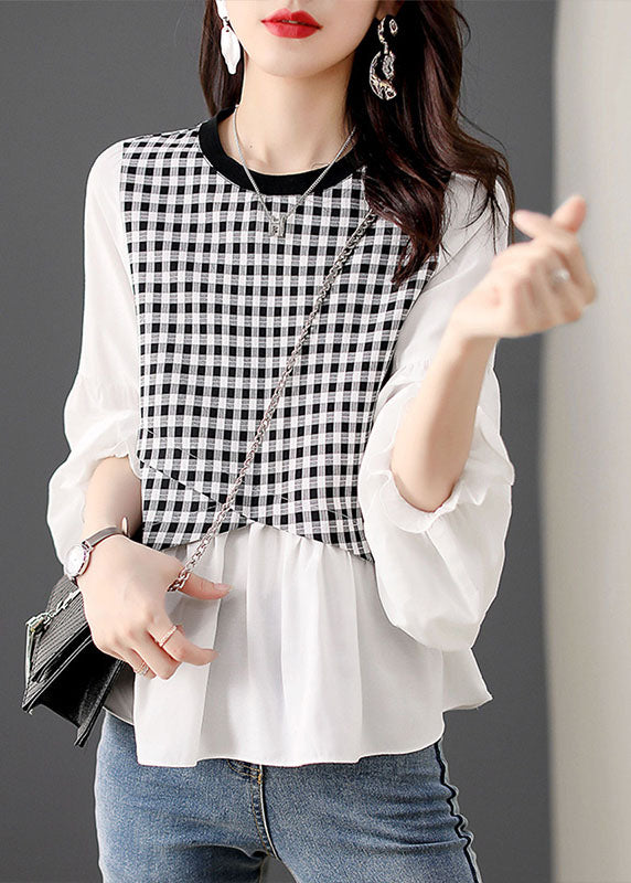 Women White O Neck Plaid Patchwork False Two Pieces Cotton Top Spring