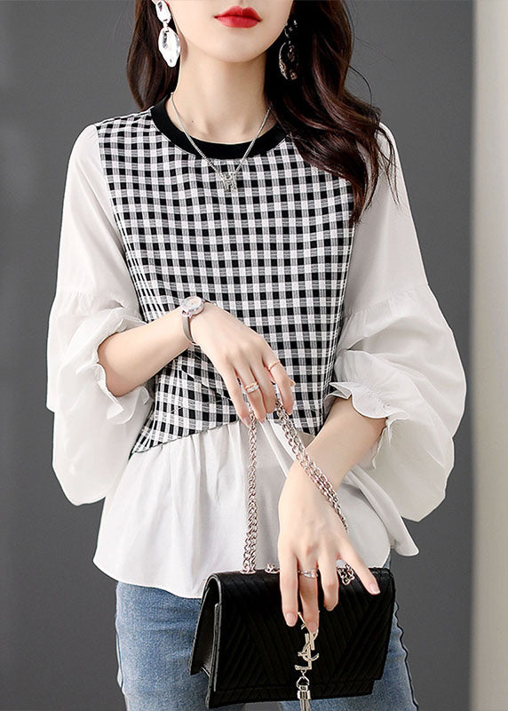 Women White O Neck Plaid Patchwork False Two Pieces Cotton Top Spring