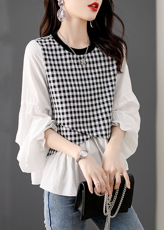 Women White O Neck Plaid Patchwork False Two Pieces Cotton Top Spring