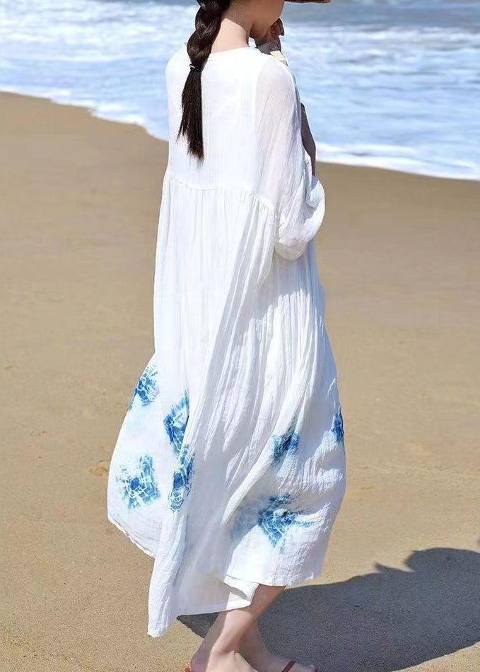 Women White O Neck Tie Dye Linen Dress Bracelet Sleeve