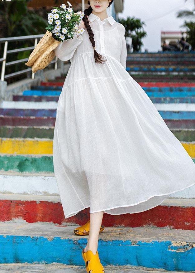 Women White Peter Pan Collar Button Vacation Summer Linen Dress - Omychic