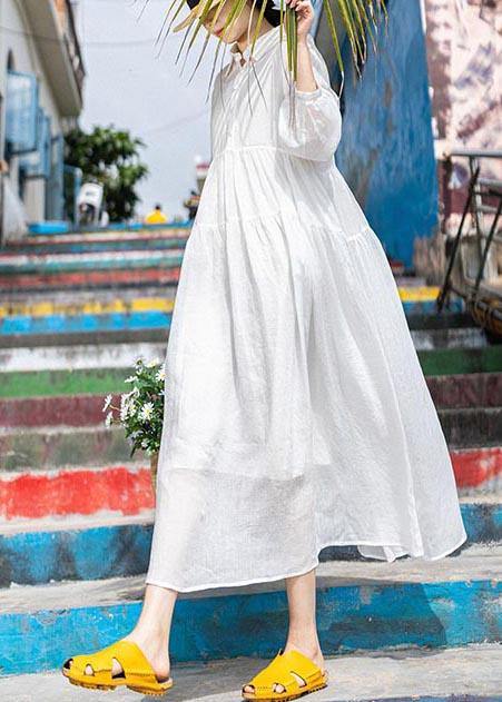 Women White Peter Pan Collar Button Vacation Summer Linen Dress - Omychic