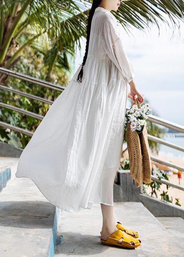 Women White Peter Pan Collar Button Vacation Summer Linen Dress - Omychic