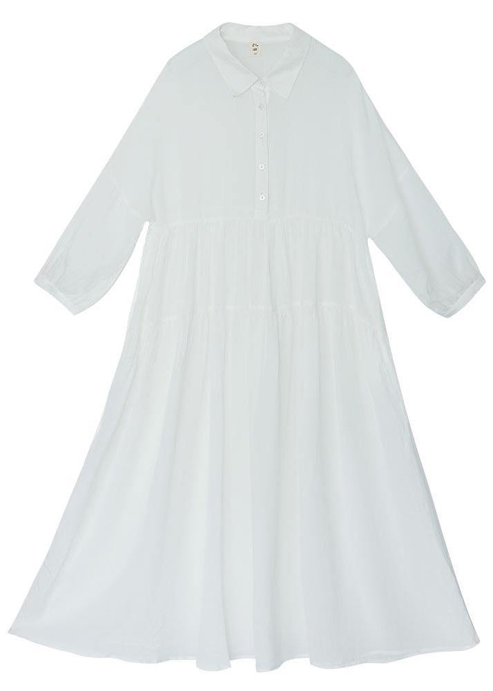 Women White Peter Pan Collar Button Vacation Summer Linen Dress - Omychic