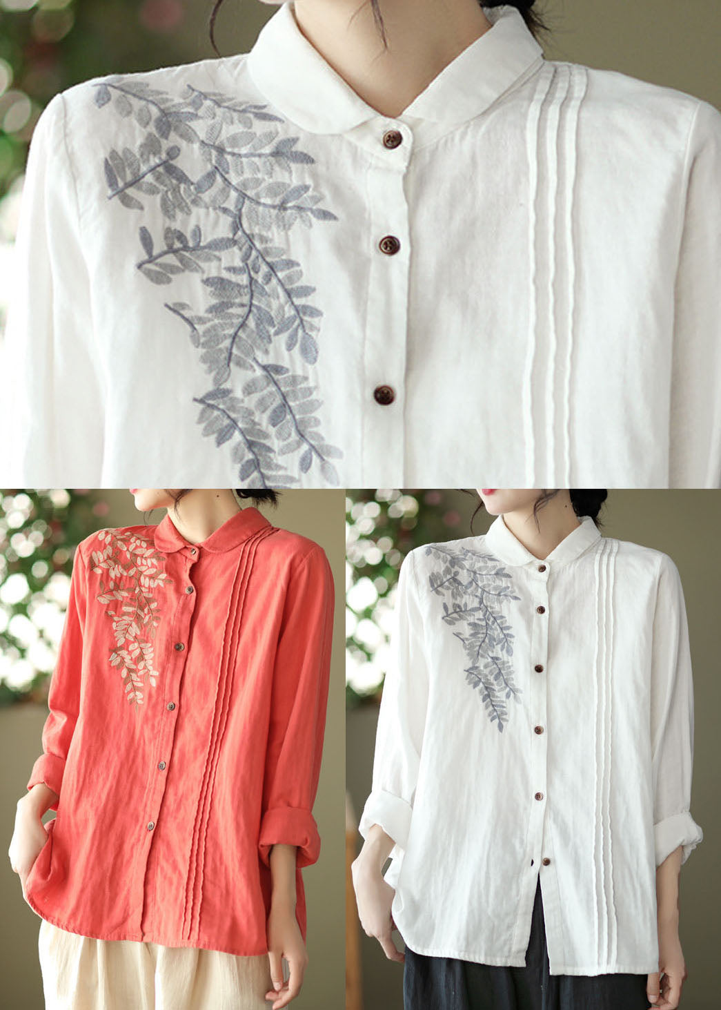 Women White Peter Pan Collar Embroideried Cotton Blouse Top Spring