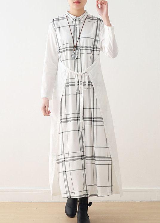 Women White Plaid Peter Pan Collar long Shirts Fall Party Dress - Omychic