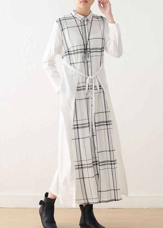 Women White Plaid Peter Pan Collar long Shirts Fall Party Dress - Omychic