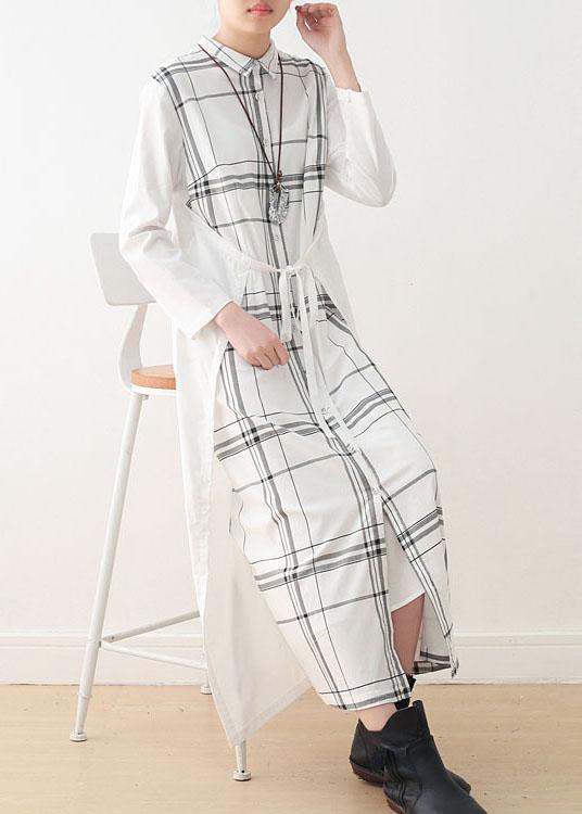 Women White Plaid Peter Pan Collar long Shirts Fall Party Dress - Omychic