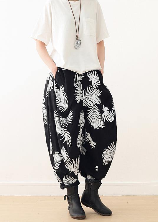 Women White Print Elastic Waist Cotton Pants - Omychic