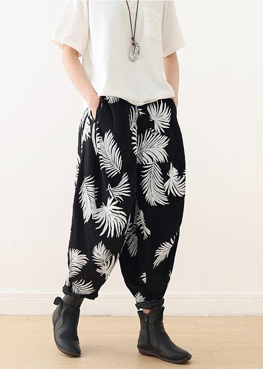 Women White Print Elastic Waist Cotton Pants - Omychic