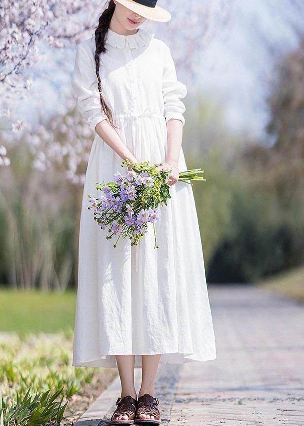 Women White Ruffles Pockets Summer Linen Dress - Omychic